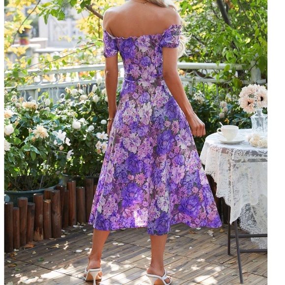 Boho Floral Print Off Shoulder Puff Sleeve Dress - Picture 8 of 9